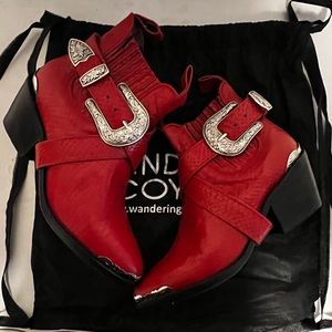 Red Leather buckle ankle boots